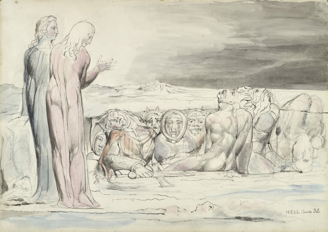The Circle of Traitors: Alberti Brothers, illustrasjon til den guddommelige komedie av Dante Alighieri, 1824-27 (penn og blekk med wc over blyant og kritt på papir) av William Blake