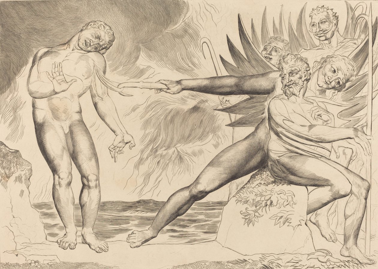 Sirkelen til de korrupte tjenestemenn, djevlene som plager Ciampolo, 1827. av William Blake