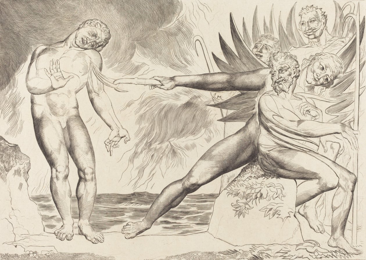 Sirkelen til de korrupte tjenestemenn, djevlene som plager Ciampolo, 1827. av William Blake