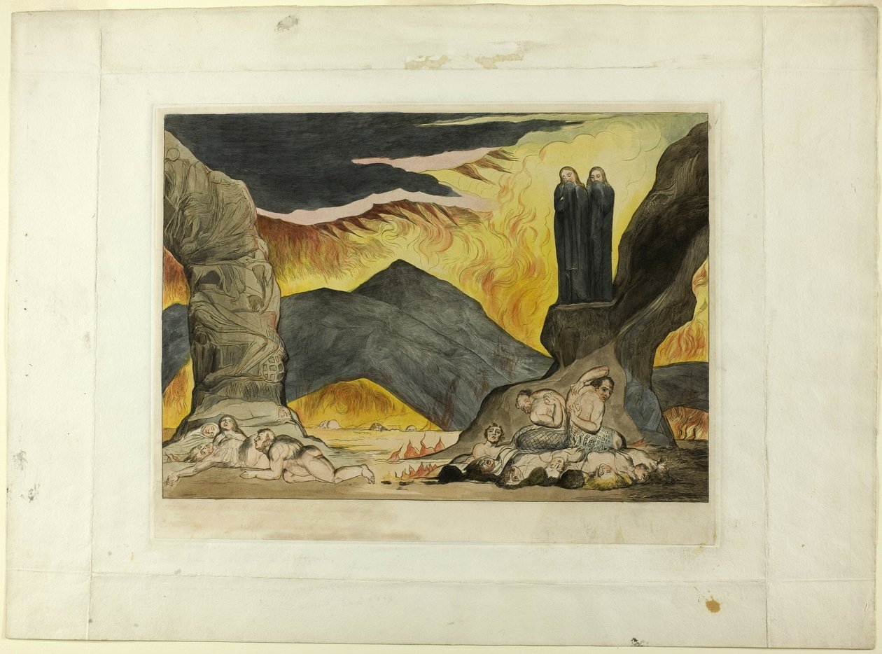 The Circle of the Falsifiers: Dante og Virgil dekker nesen på grunn av stanken. Inferno, canto XXIX av William Blake
