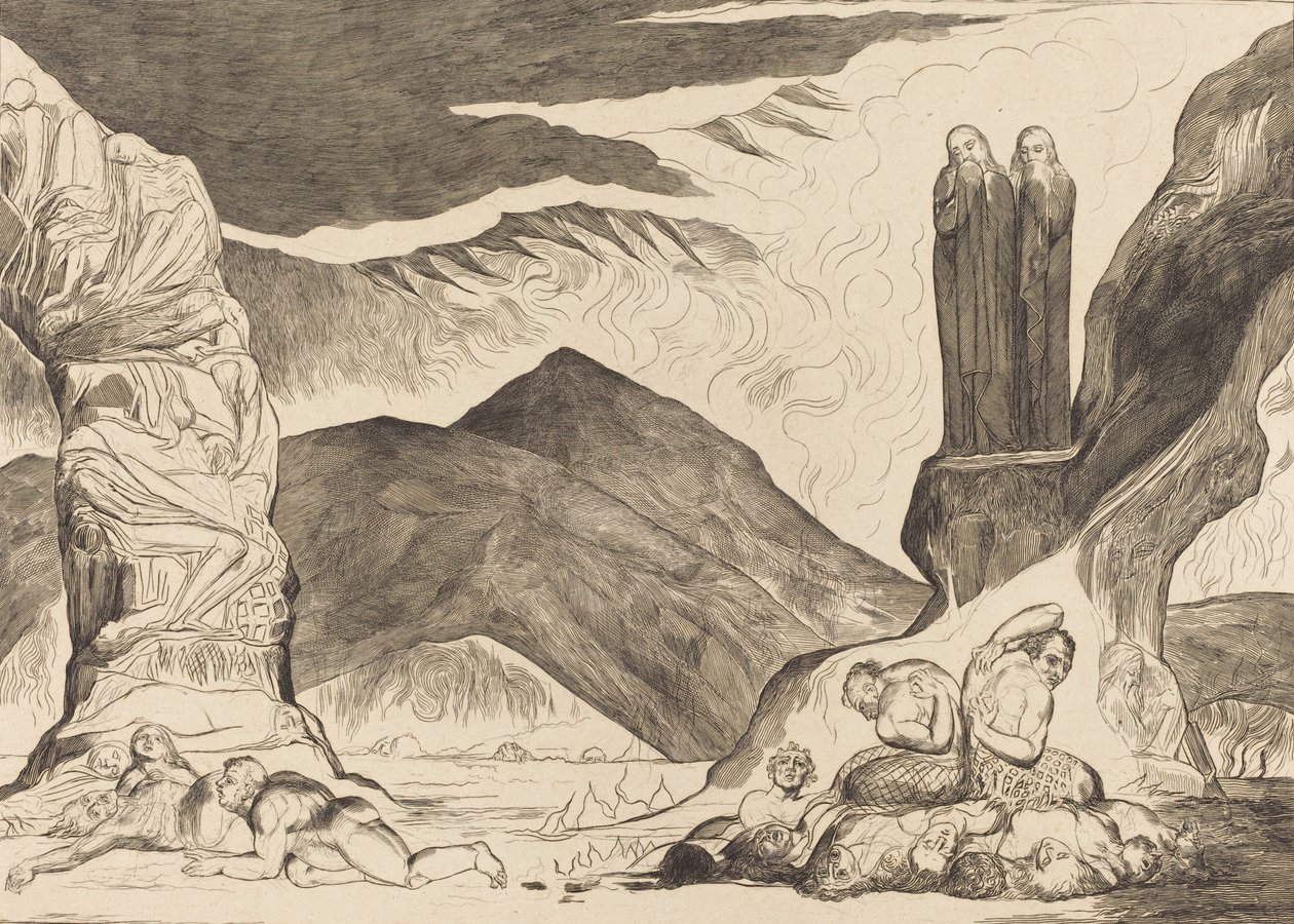 The Circle of the Falsifiers: Dante og Virgil som dekker nesen på grunn av stanken, 1827. av William Blake