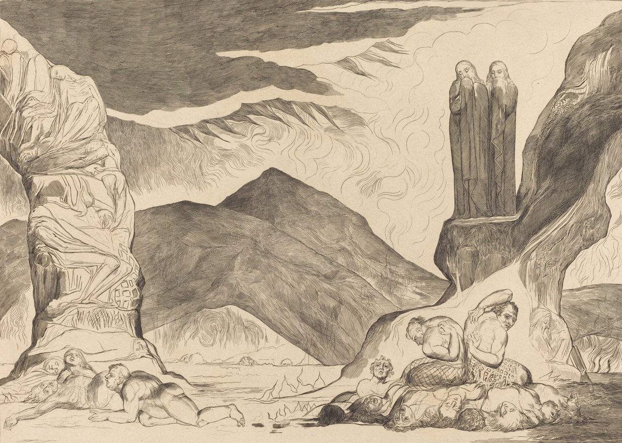 The Circle of the Falsifiers: Dante og Virgil som dekker nesen på grunn av stanken, 1827. av William Blake