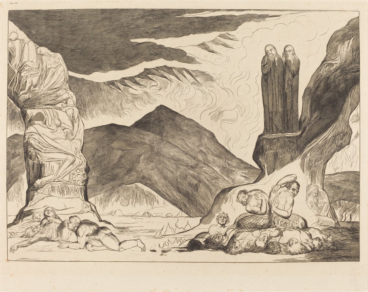 The Circle of the Falsifiers: Dante og Virgil dekker nesen på grunn av st av William Blake