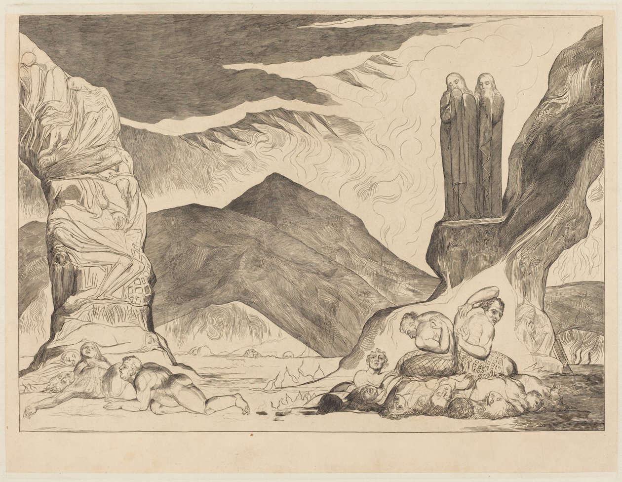 Forfalskernes krets: Dante og Vergil dekker nesene sine på grunn av stanken av William Blake