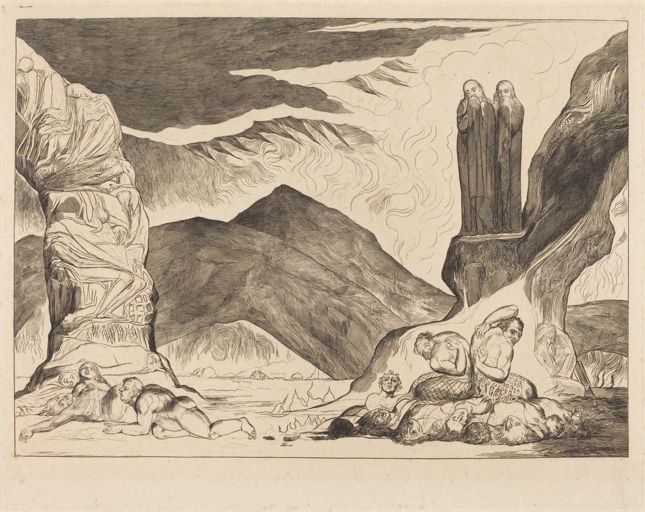 Forfalskernes krets: Dante og Vergil dekker nesene sine på grunn av stanken av William Blake