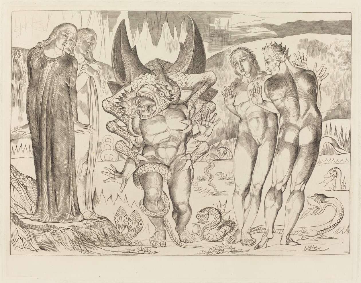 Tyvenes sirkel; Agnolo Brunelleschi angrepet av en seksfots slange av William Blake