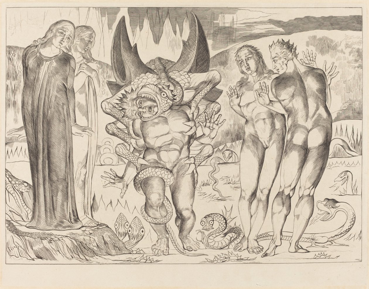 Tyvenes sirkel; Agnolo Brunelleschi angrepet av en seksfots slange av William Blake