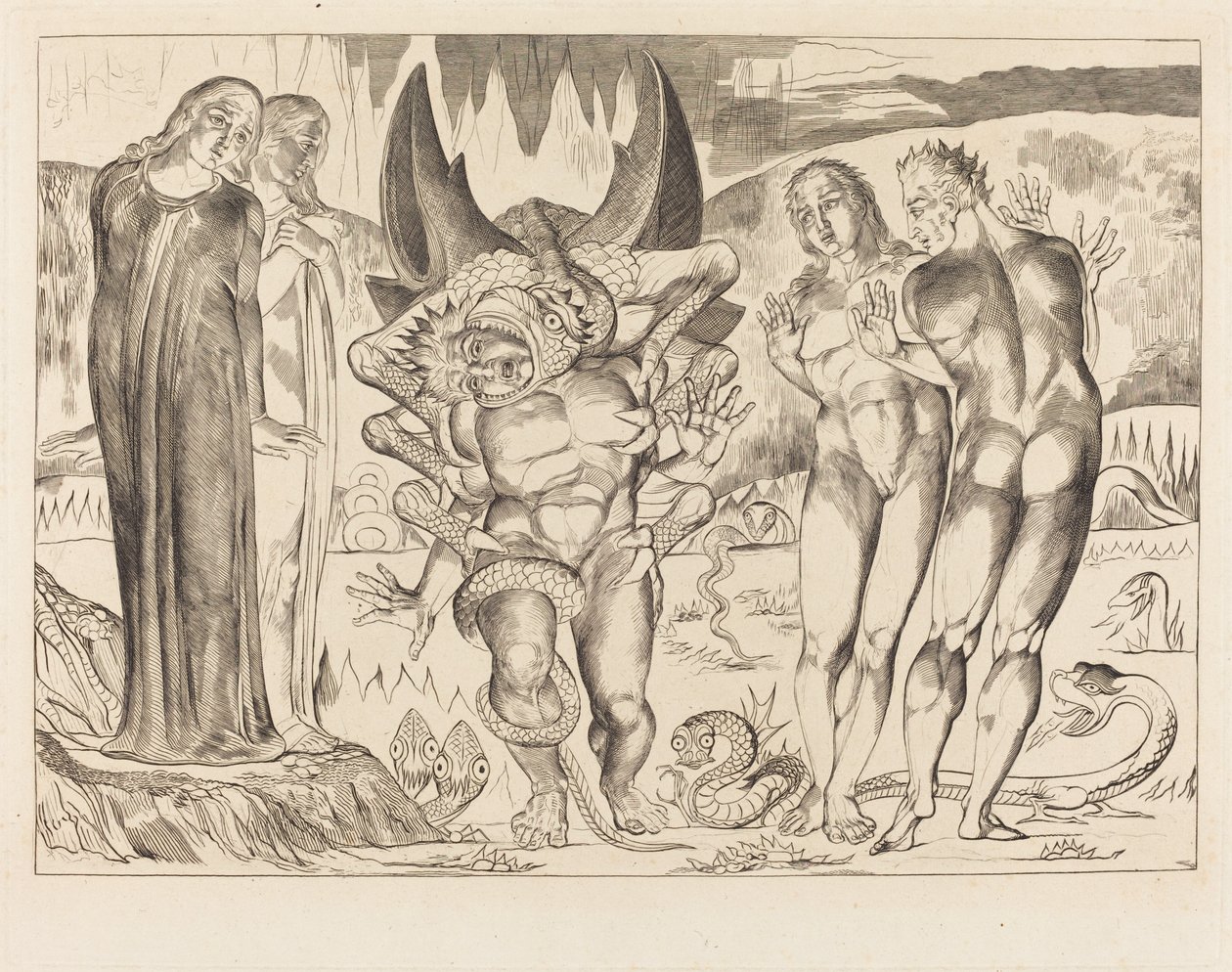 Tyvenes sirkel; Agnolo Brunelleschi angrepet av en seksfots slange av William Blake