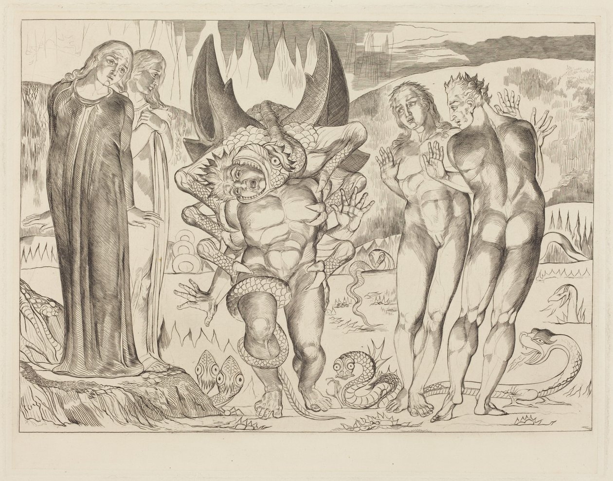 Tyvenes krets; Agnolo Brunelleschi angrepet av en seksbeint slange av William Blake