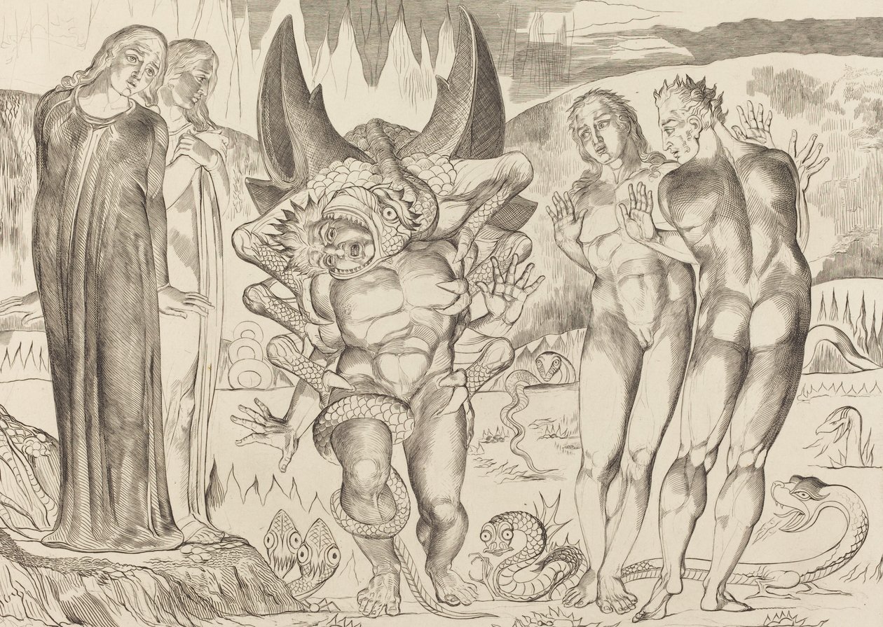 The Circle of the Thieves, Agnolo Brunelleschi angrepet av en seksfots slange, 1827. av William Blake