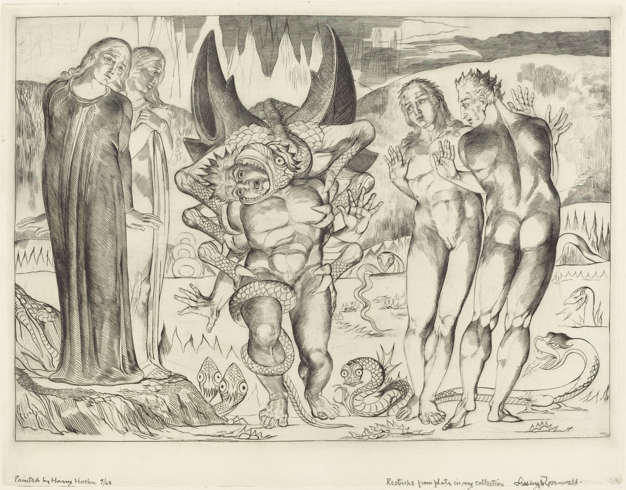 The Circle of the Thieves, Agnolo Brunelleschi angrepet av en seksfots slange, 1827. av William Blake
