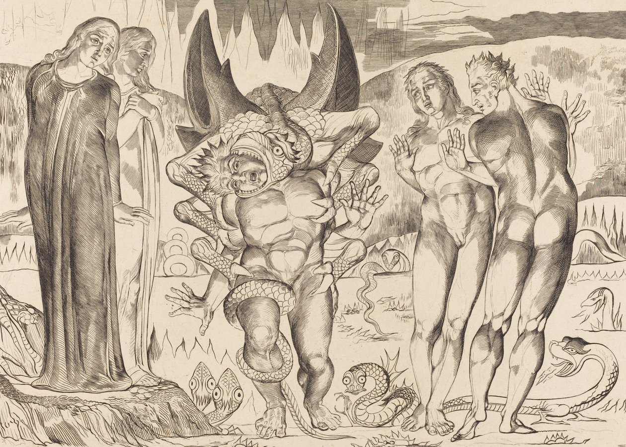 The Circle of the Thieves, Agnolo Brunelleschi angrepet av en seksfots slange, 1827. av William Blake