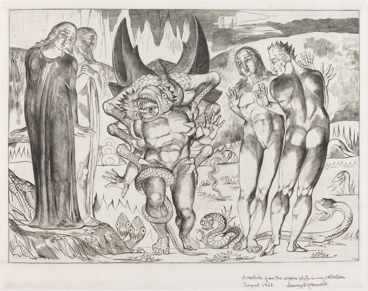 The Circle of the Thieves, Agnolo Brunelleschi angrepet av en seksfots slange, 1827. av William Blake