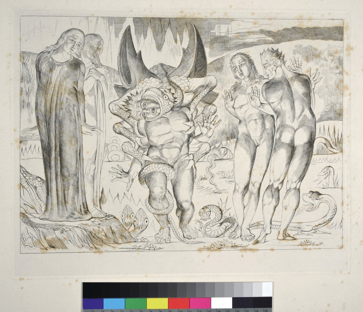 The Circle of the Thieves: Agnolo Brunelleschi angrepet av et seksfots slange-inferno, Canto XXV, illustrasjon til 