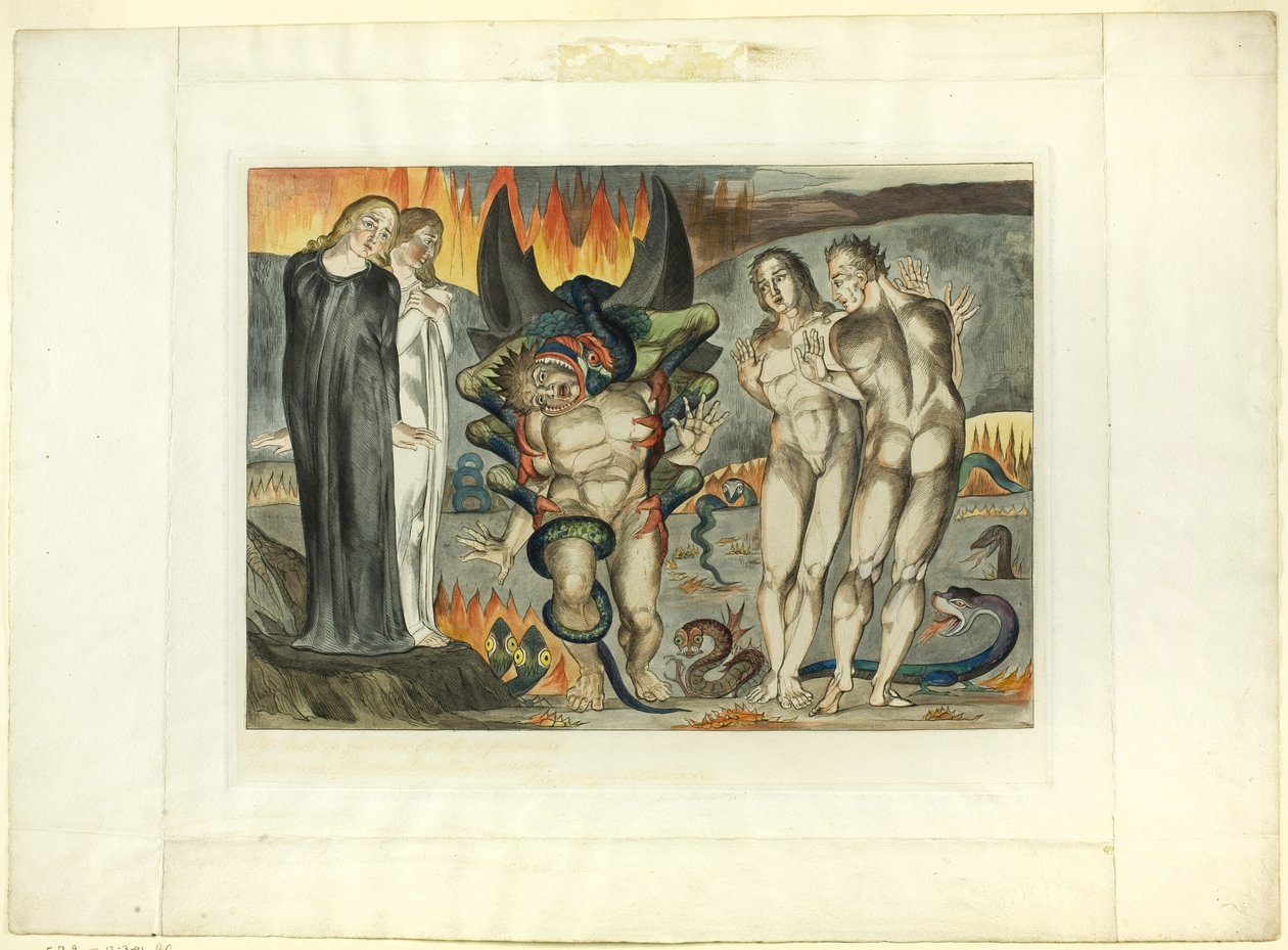 Tyvenes sirkel; Agnolo Brunelleschi angrepet av en seksfots slange. Inferno, canto XXV av William Blake