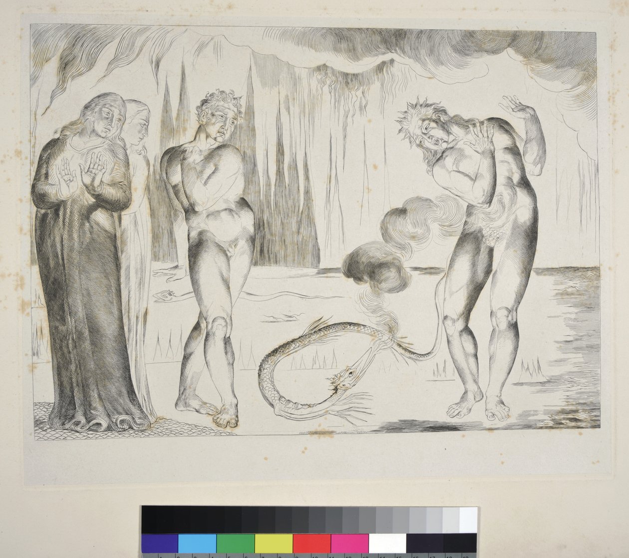 Tyvenes sirkel: Buoso Donati angrepet av slangen, Inferno, Canto XXV, illustrasjon til 'Den guddommelige komedie' av Dante Alighieri, ca. 1827-38 (gravering) av William Blake