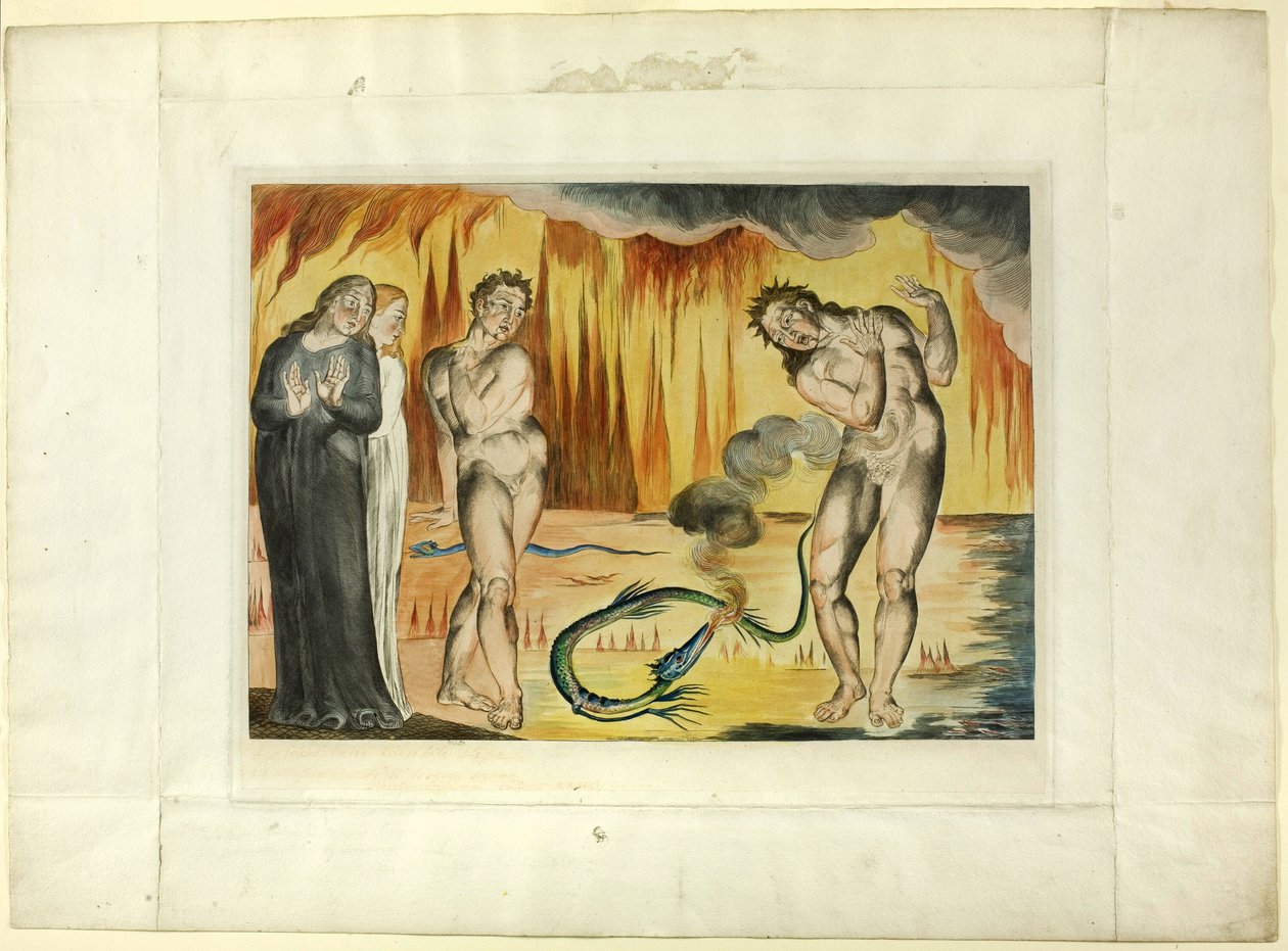 Tyvenes sirkel; Buoso Donati angrepet av slangen. Inferno, canto XXV av William Blake