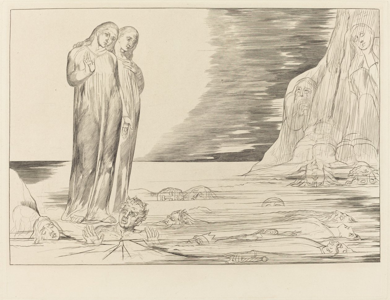 Forrædernes sirkel; Dantes fot slår Bocca degli Abbate av William Blake