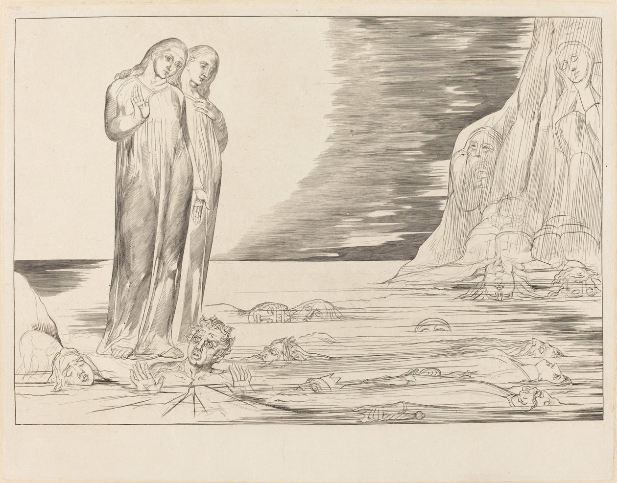 Forrædernes sirkel; Dantes fot slår Bocca degli Abbate av William Blake