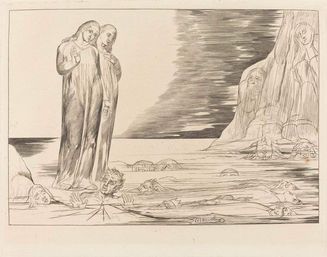Forrædernes sirkel; Dantes fot slår Bocca degli Abbate av William Blake