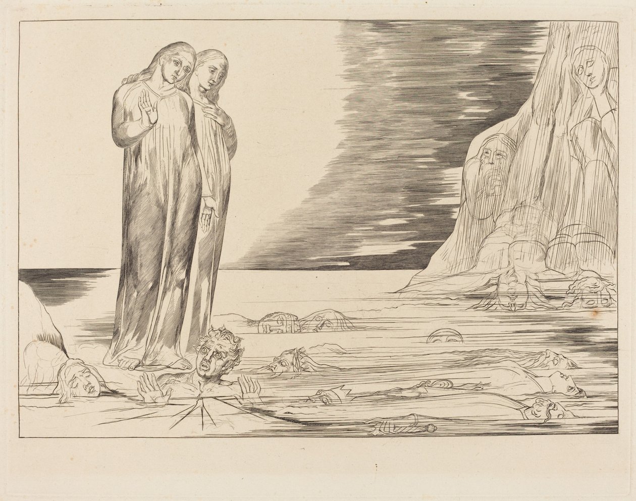 Forrædernes krets; Dantes fot treffer Bocca degli Abbate av William Blake