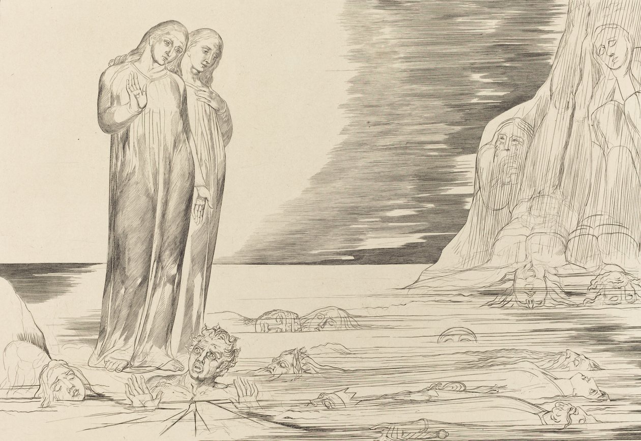 The Circle of the Traitors, Dantes fot slår Bocca degli Abbate, 1827. av William Blake