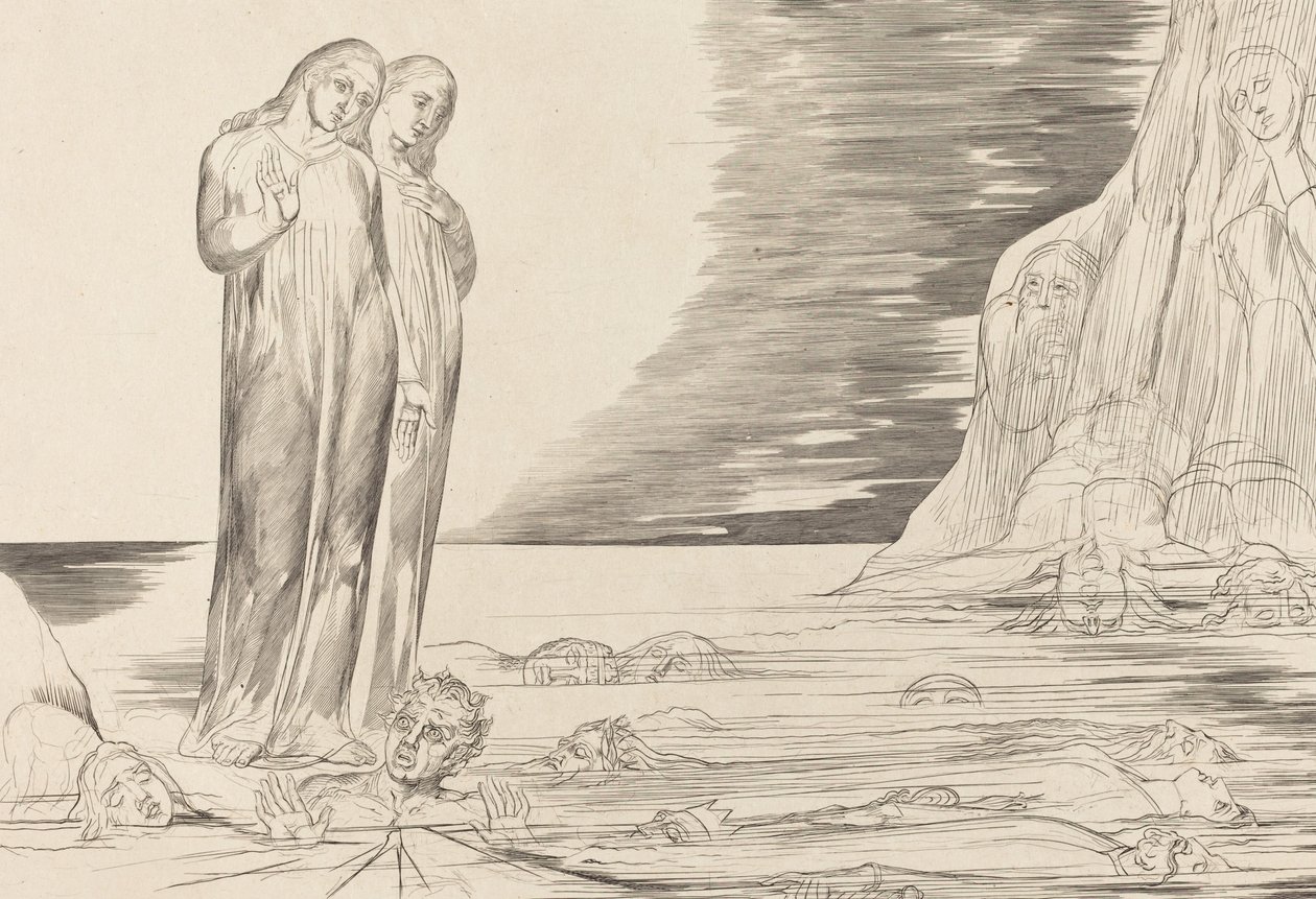 The Circle of the Traitors, Dantes fot slår Bocca degli Abbate, 1827. av William Blake