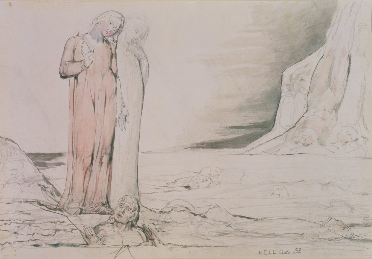 The Circle of the Traitors, illustrasjon fra Canto 32 av 'Inferno' fra 'The Divine Comedy' av Dante Alighieri (1265-1321) (penn og blekk, blyant, akvarell på papir) av William Blake