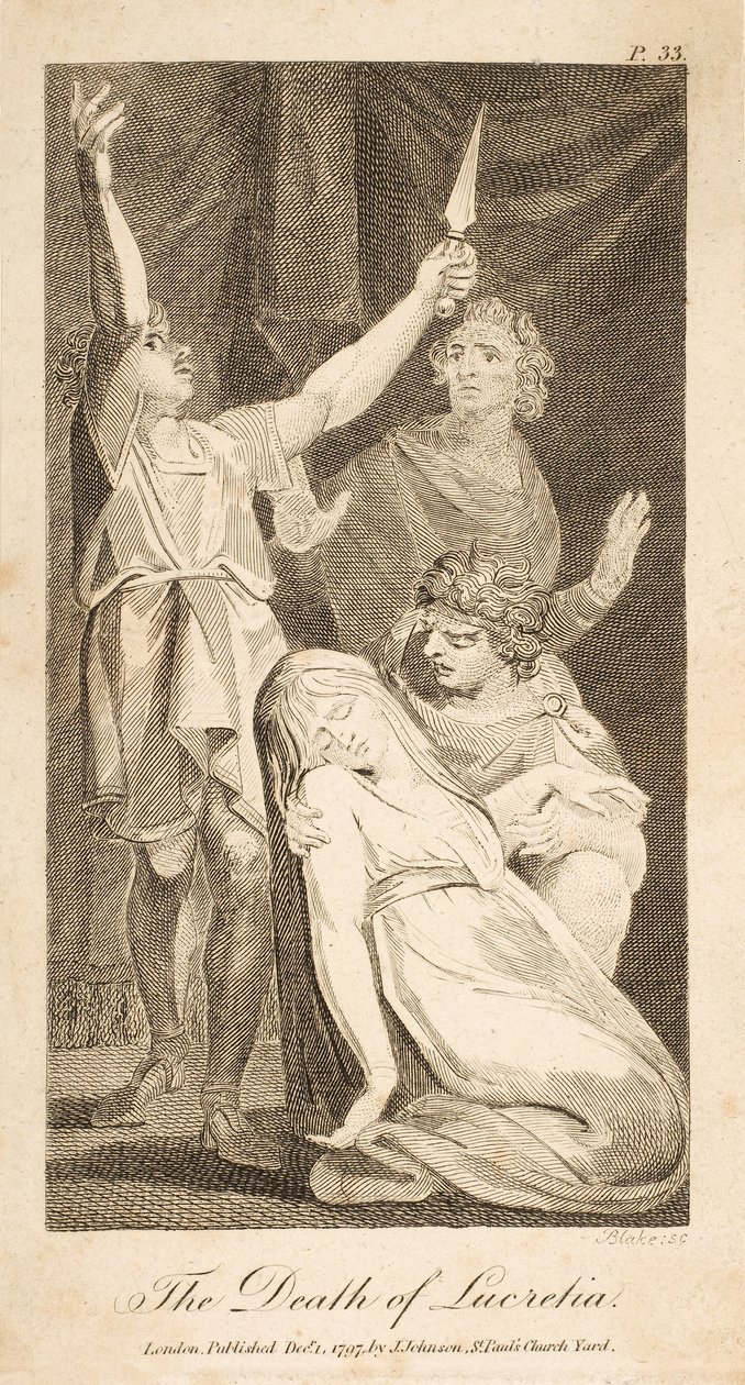The Death of Lucretia, fra Allens nye og upartiske romerske historie, pub. 1797 (gravering) av William Blake