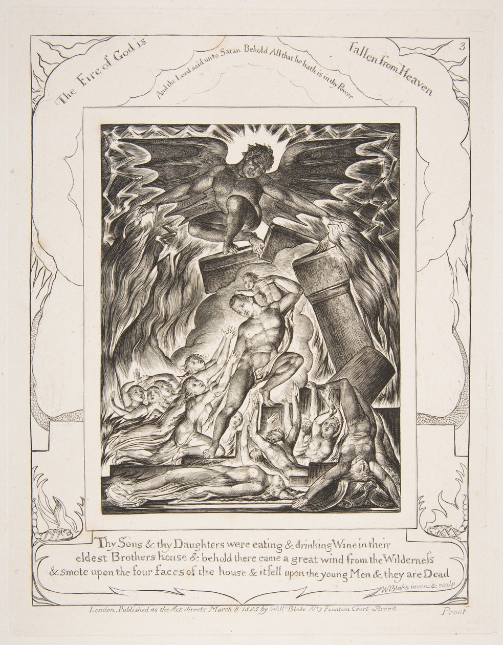 The Destruction of Jobs Sons, fra illustrasjoner av Jobs bok, 1825-26. av William Blake
