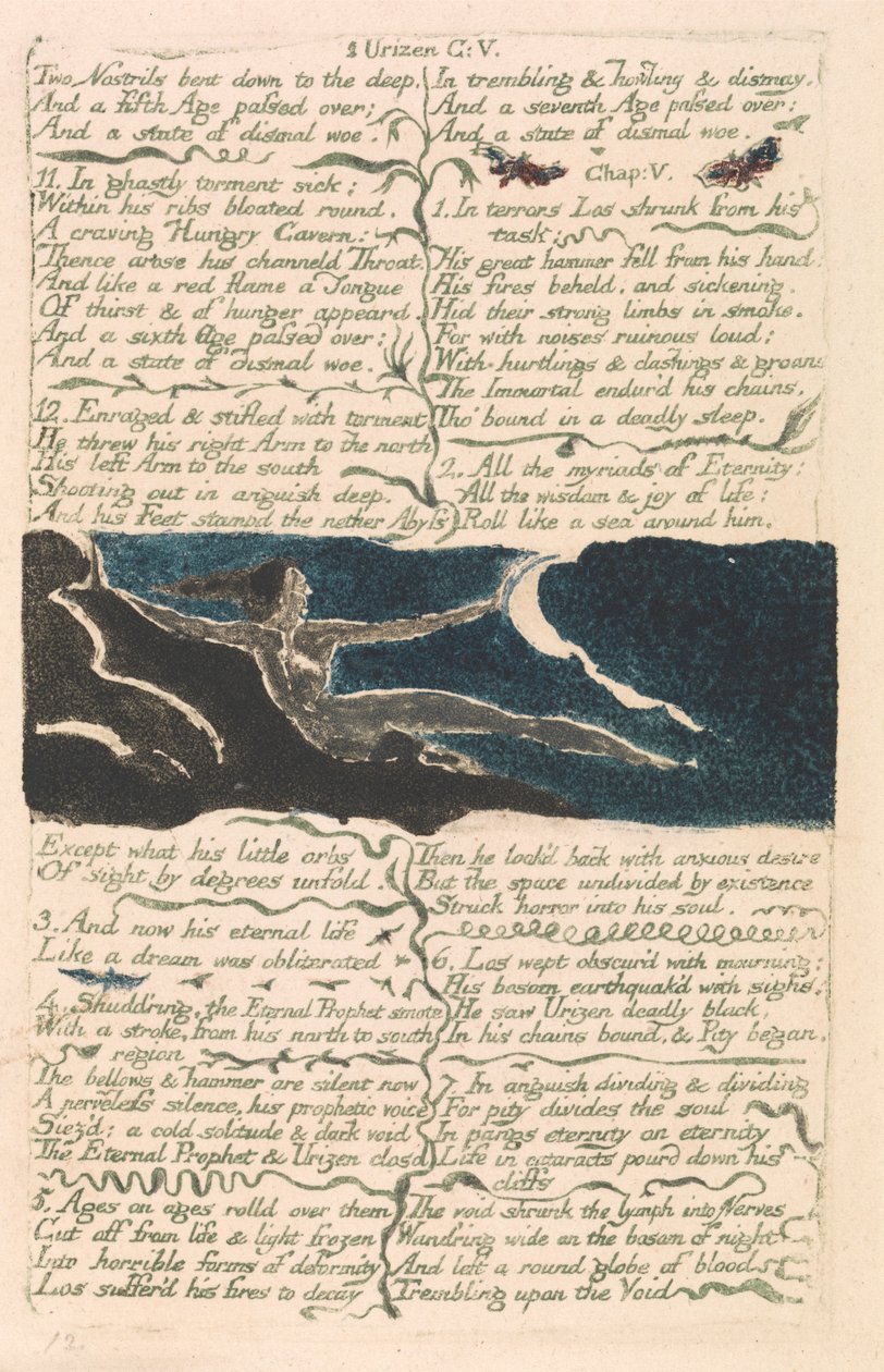 The First Book of Urizen, Plate 11, "To nesebor bøyd ned til dypet . . . ." (Bentley 13) av William Blake