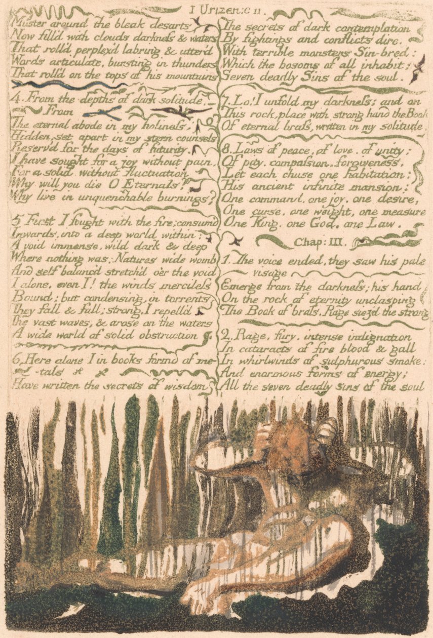 Den første boken til Urizen, plate 4, "Mønster rundt de dystre ørkene ...." (Bentley 4) av William Blake