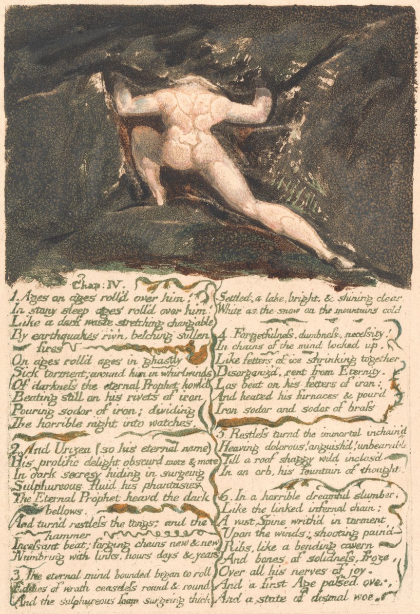 The First Book of Urizen, Plate 9, "Kap: IV | 1 Aldre på evigheter rullet over ham . . . ." (Bentley 10) av William Blake
