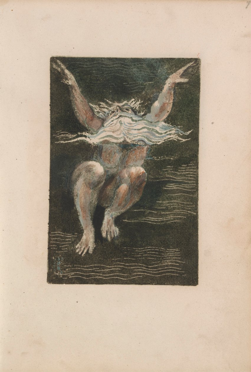 The First Book of Urizen, pl.7 (En naken mann med et flytende hvitt skjegg som ser ut til å reise seg på dypt vann) 1794 (fargetrykt relieff etsing med wc) av William Blake
