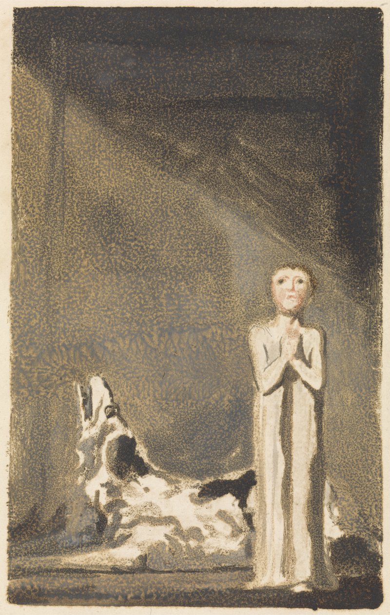The First Book of Urizen, tallerken 24, En gutt i en lang kjole, stående med foldede hender til høyre for en hund av William Blake