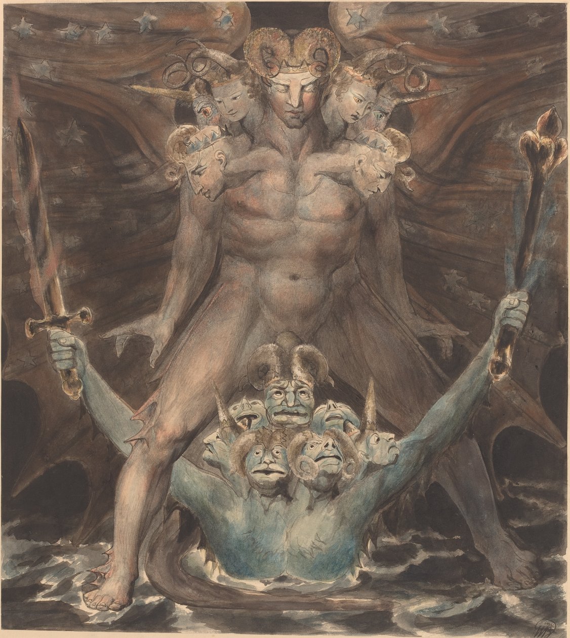 Den store røde dragen og udyret fra havet, ca. 1805 (penn og blekk med akvarell over papir) av William Blake