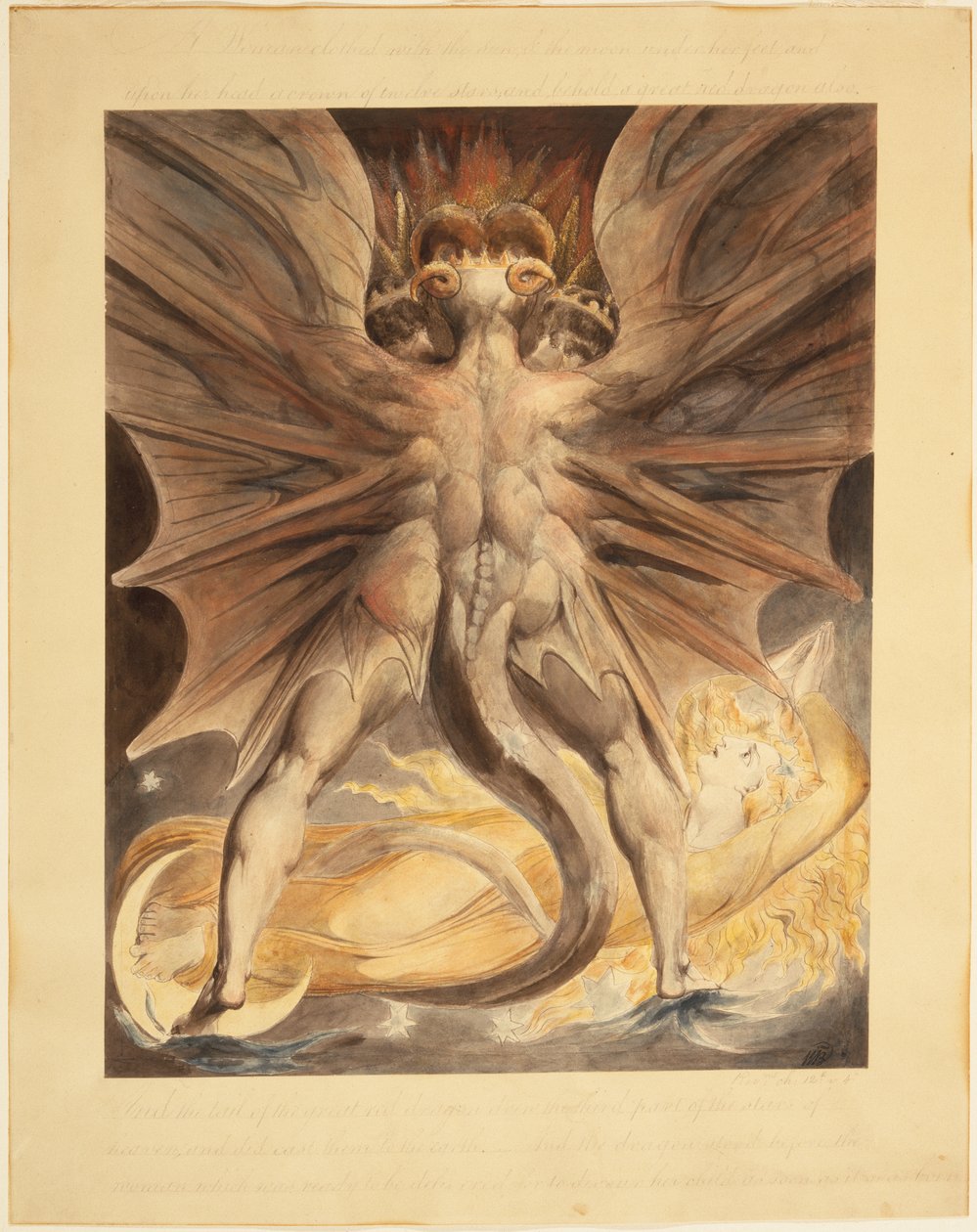 Den store røde dragen og kvinnen kledd med solen (Åp. 12:1-4), ca. 1803-05 (svart blekk og akvarell over spor av grafitt og innskårne linjer) av William Blake