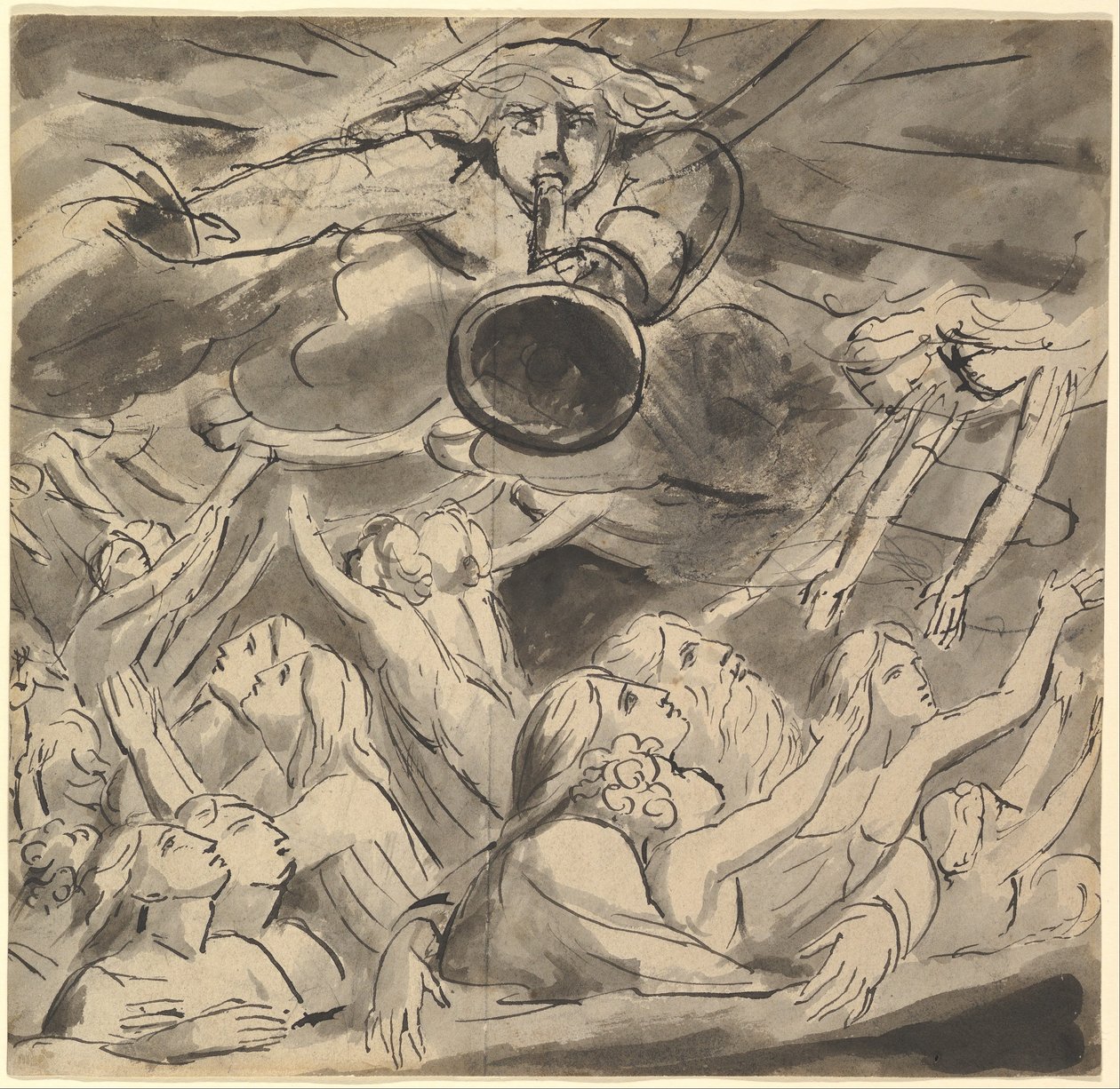 Den siste trompeten (recto); to studier av et høyre øye, profilen av en ung mann med åpen munn, hodet til en ørn og hodet til en løve (verso) av William Blake