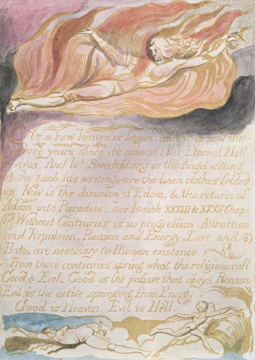 Himmelens og helvetes ekteskap; Når en ny himmel begynner, ca. 1790 (relieff-etsing tonet med wc) av William Blake
