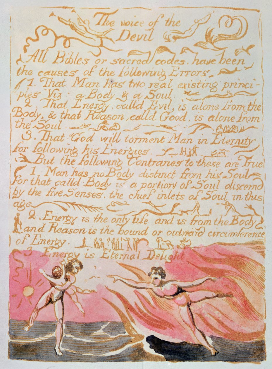 Himmelens og helvetes ekteskap; The Voice of the Devil, ca. 1790 (relieff-etsing tonet med akvarell) av William Blake