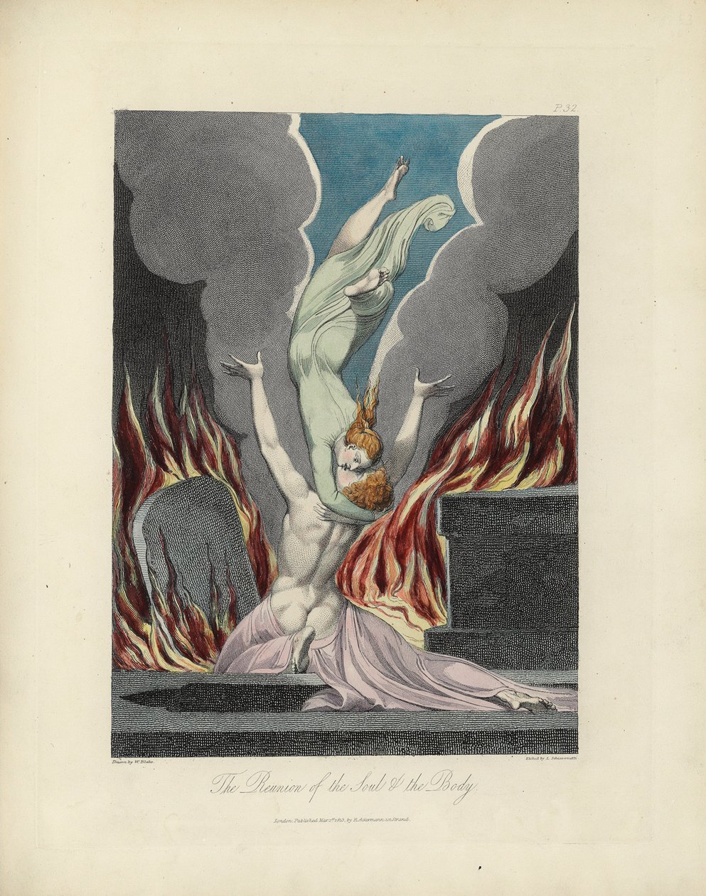 The Reunion of the Soul and the Body, illustrasjon fra "The Grave" av Robert Blair, gravert av Louis Schiavonetti av William Blake