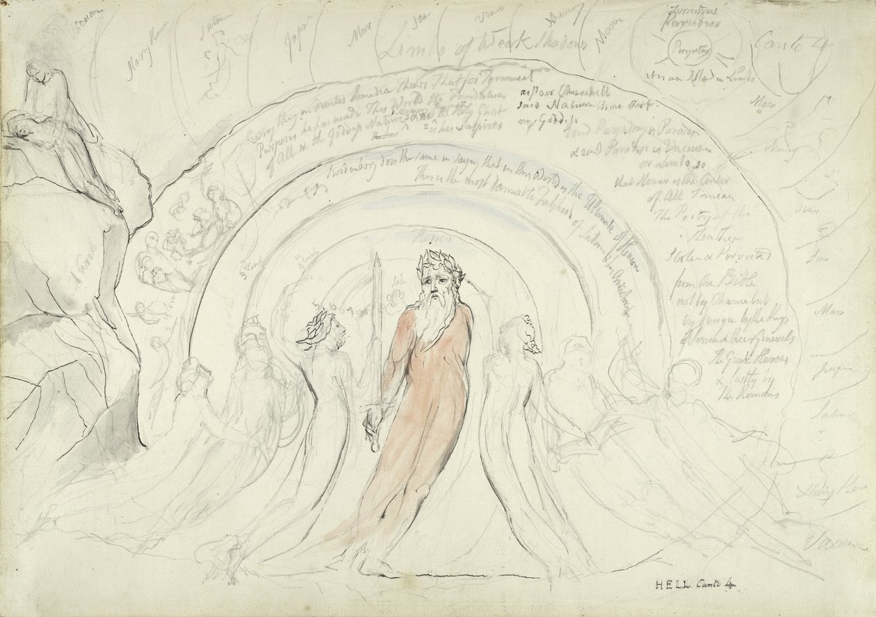 The Shades of Homer and other Poets of Antiquity, illustrasjon til den guddommelige komedie av Dante Alighieri, 1824-27 (penn og blekk med wc over blyant og kritt på papir) av William Blake