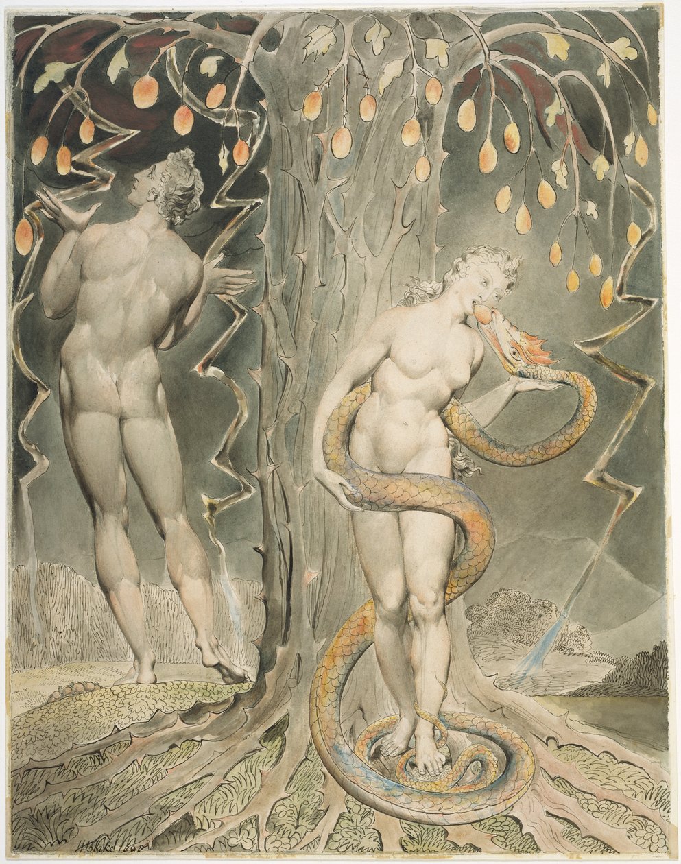 Evas fristelse og syndefall, illustrasjon til Miltons «Det tapte paradis» av William Blake