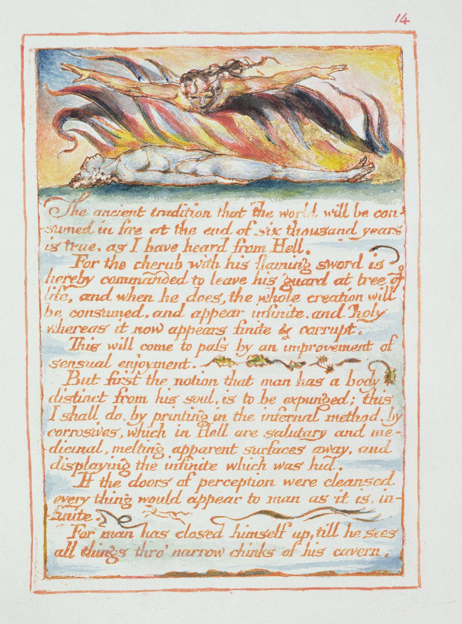 «Den eldgamle tradisjonen...», illustrasjon og tekst fra «Ekteskapet mellom himmel og helvete», ca. 1790–1793 (relieffers etsing ferdigstilt med penn og akvarell) av William Blake