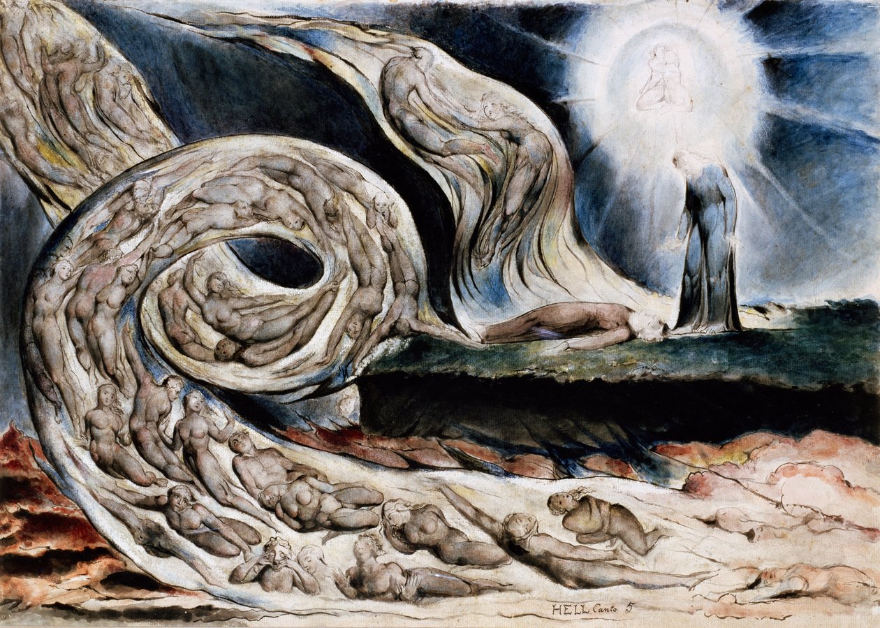 The circle of the lustful or The lovers' whirlwind, Francesca da Rimini og Paolo Malatesta, fra Dantes Inferno, Canto V av William Blake