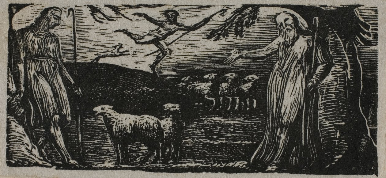 Thenot demonstrerer med Colinet, Lightfoot i bakgrunnen, fra The Pastorals of Virgil av William Blake