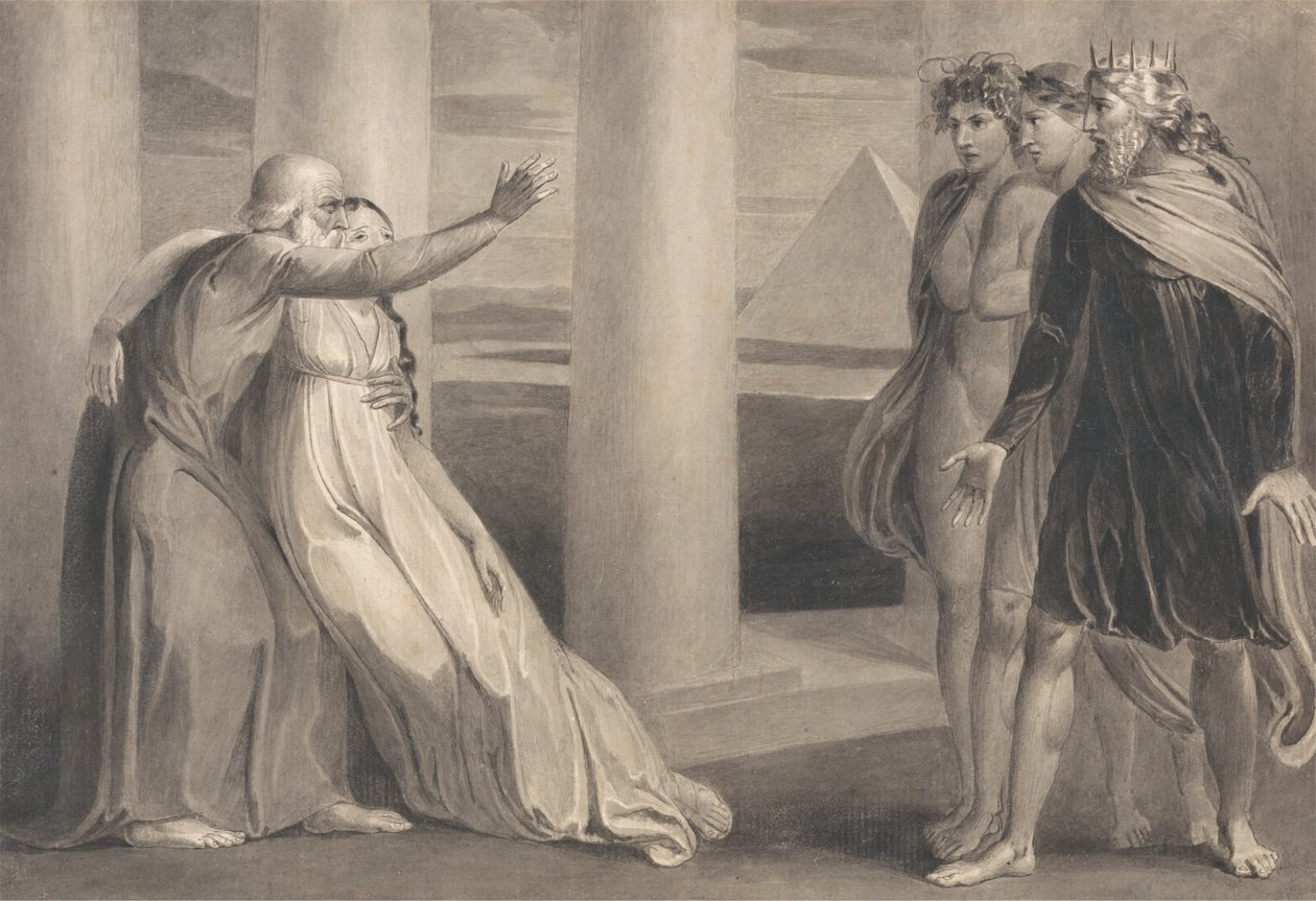 Tiriel støtter den døende Myratana og forbanner sønnene hans av William Blake