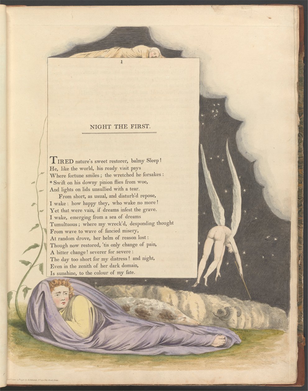 Young's Night Thoughts, side 1, "Swift on His Downy Pinion Flies from Wee" av William Blake