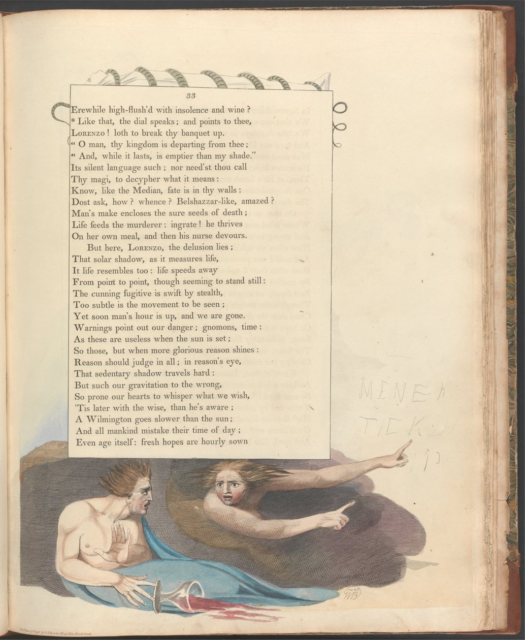 Young's Night Thoughts, side 33, "Slik snakker urskiven; og peker på deg" av William Blake