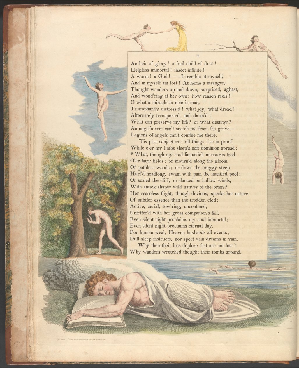 Young's Night Thoughts, side 4, "Hva, selv om min sjel fantastisk måler tråkket" av William Blake
